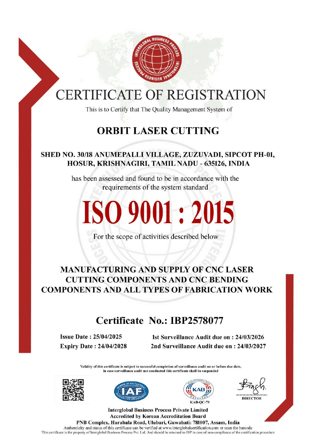 ISO 9001:2015 certificate of registration issued to Orbit Laser Cutting